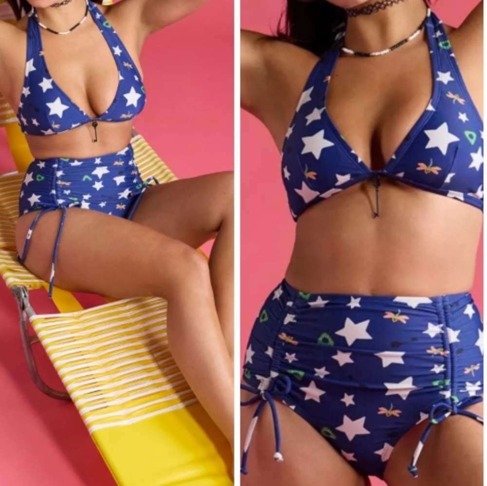 Coraline Icons High Waisted Swim Bikini Bottom NWT Hot Topic Side Ruching Bows